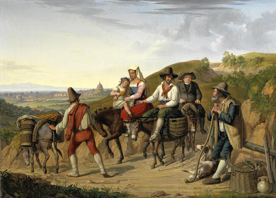 Ciociari farmers with a view of Rome in the distance Painting by Dietrich Wilhelm Lindau