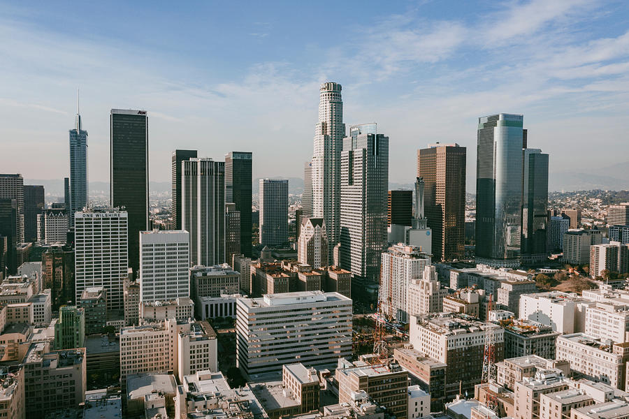 Premium Photo  Los angeles downtown skyline. california theme with la  background, panoramic landscape. los angels city, downtown top aerial view  with drone.