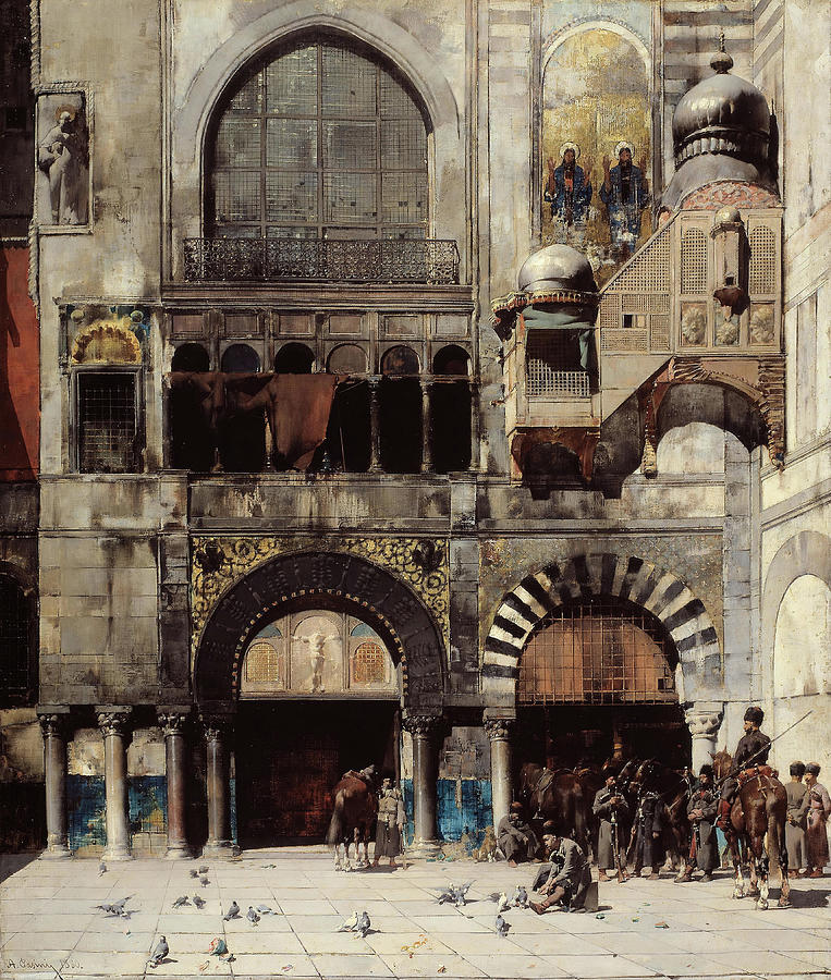 Circassian Cavalry Awaiting their Commanding Officer at the Door of a Byzantine Monument, Memory ... Painting by Alberto Pasini
