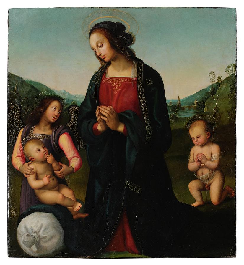 Abstract Painting - Circle of Pietro di Cristoforo Vannucci called Perugino Madonna and Child with a young Saint John th by MotionAge Designs