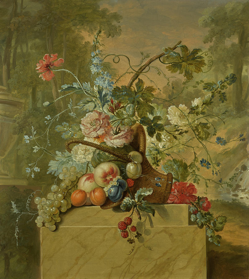 Nature Painting - CIRCLE OF WILLEM VAN LEEN A pair of still lifes of fruit and flowers in baskets on marble socles, in by MotionAge Designs