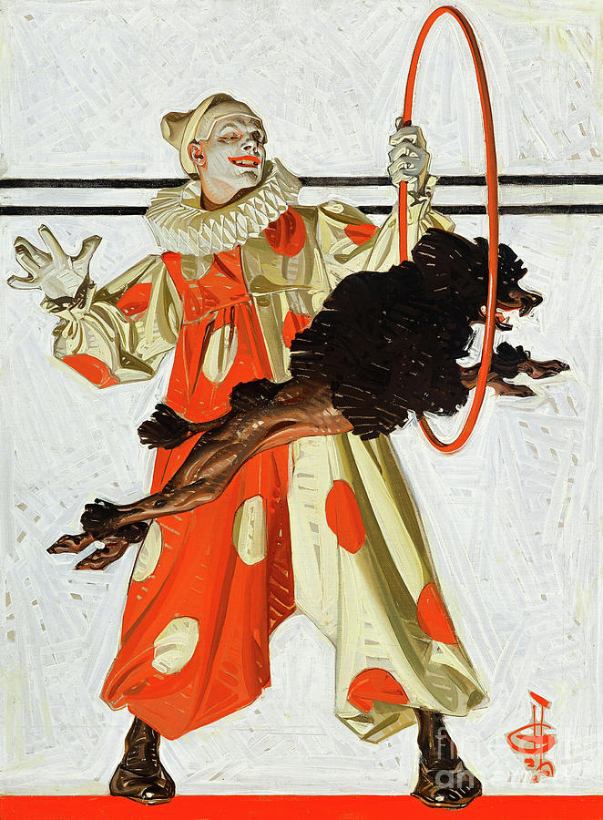 Circus Poodle Dog and Harlequin Whiteface Clown Art Deco 1929 Saturday Evening Post Cover Painting by Peter Ogden