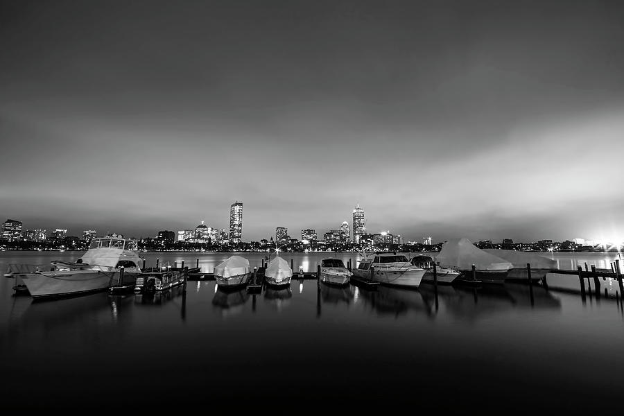 Citgo Sign through the boats on the Charles River Boston MA Massachusetts Wide Angle Black and White Photograph by Toby McGuire