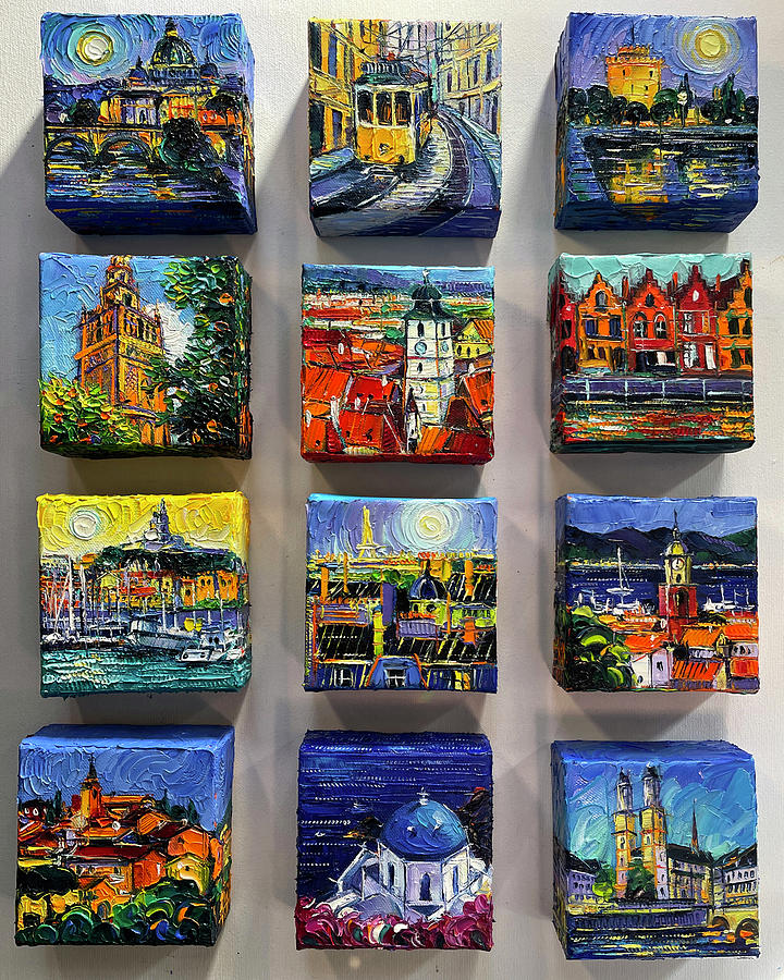 Cities series miniature palette knife oil paintings on 3D canvas Mona Edulesco Painting by Mona Edulesco