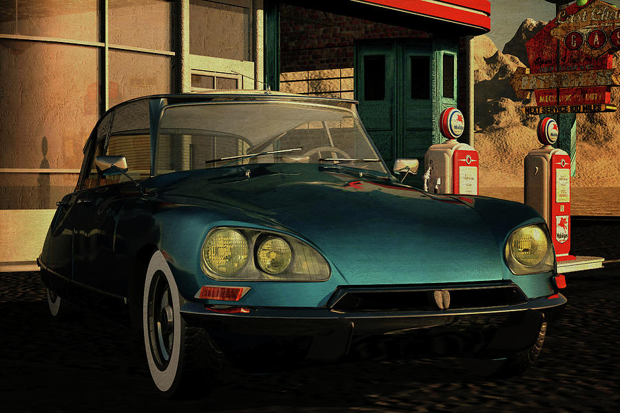 Citroen DS23 Injection Pallas from1972 at a vintage gas station on Route 66 Digital Art by Jan Keteleer