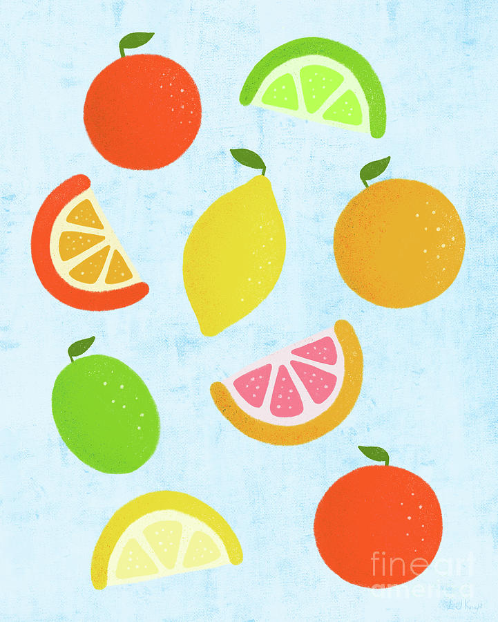 Citrus Digital Art - Citrus Fruit Painting Orange, Lemon, Grapefruit and Lime on Blue Background by LJ Knight