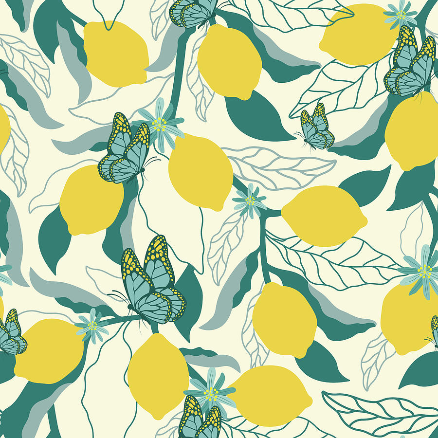 Citrus seamless pattern with lemons and butterfly. Tropical summer