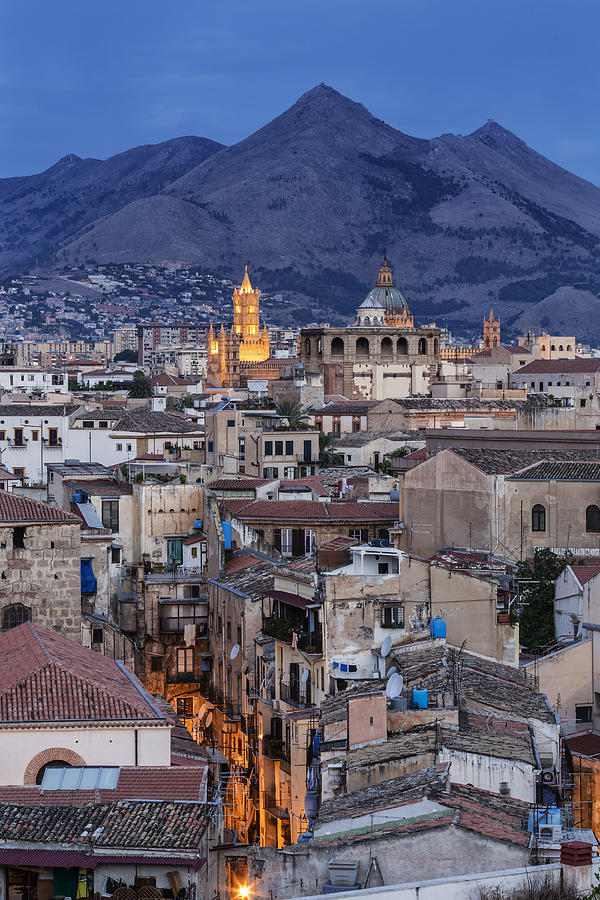 City below mountains at dusk, Palermo, Sicily, Italy Photograph by Jeremy Woodhouse