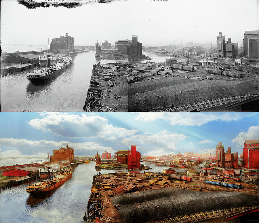 City - Buffalo NY - Creeks and Elevators 1900 - Side by Side Photograph by Mike Savad