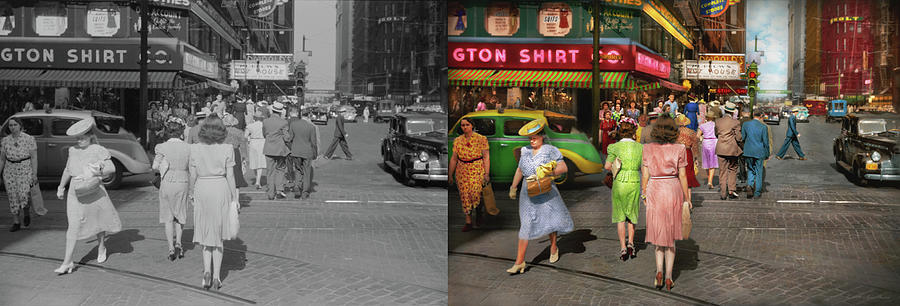 City - Chicago, IL - Crossing Dearborn 1941 - Side by Side Photograph by Mike Savad