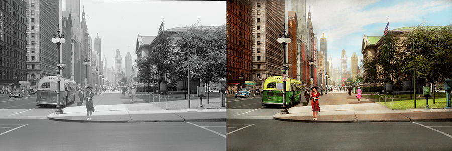 City - Chicago IL - The Magnificent Mile 1940 - Side by Side Photograph by Mike Savad