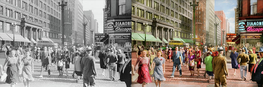 City - Chicago - Shopping Crowds 1940 - Side by Side Photograph by Mike Savad