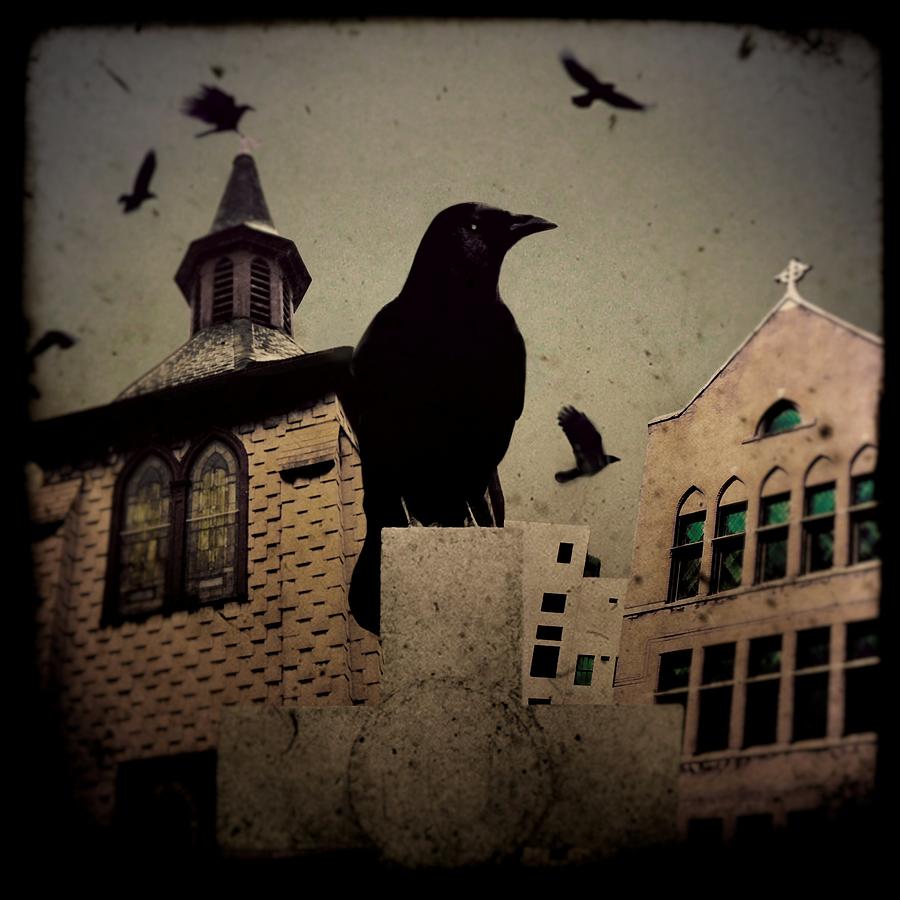 Raven Digital Art - City Church Crows by Gothicrow Images