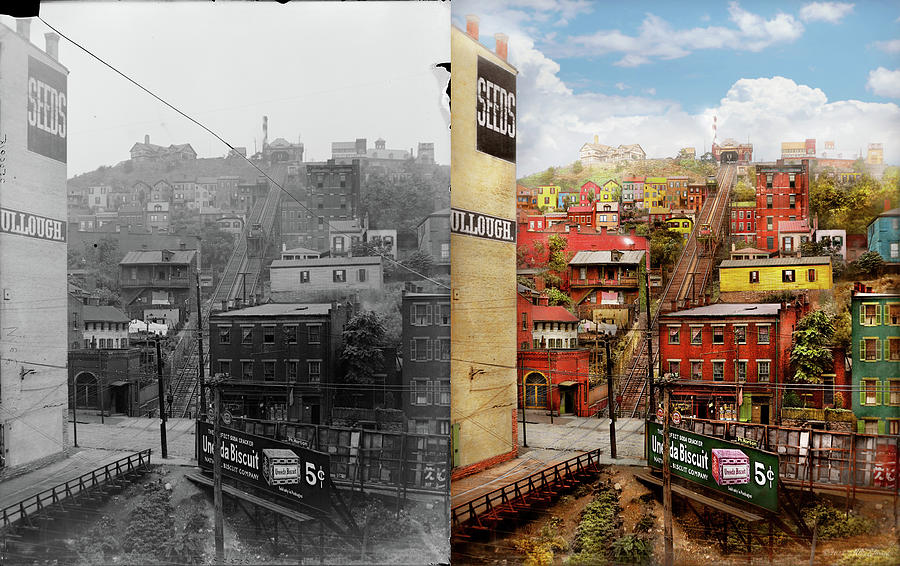 City - Cincinnati, OH - Climbing up the hill 1915 - Side by Side Photograph by Mike Savad