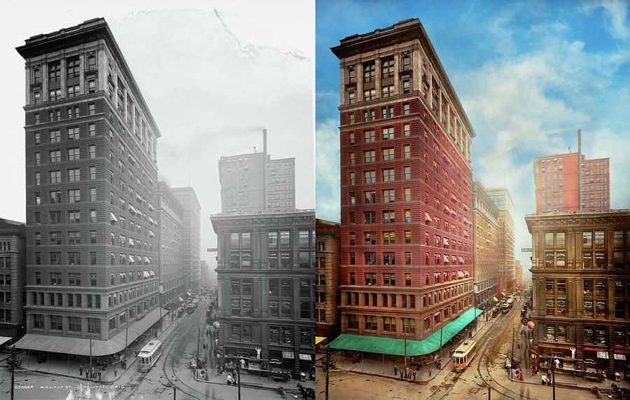 City - Cincinnati, OH - East Fifth and Walnut,1910 - Side by Side Photograph by Mike Savad