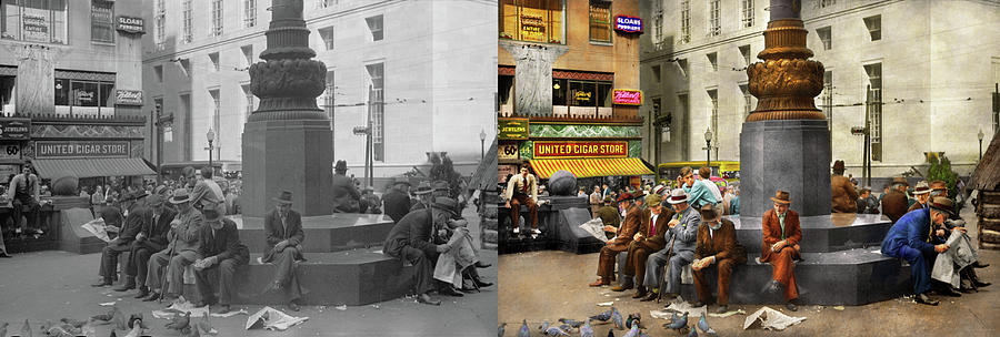 City - Cincinnati, OH - Feeding the pigeons 1938 - Side by Side Photograph by Mike Savad
