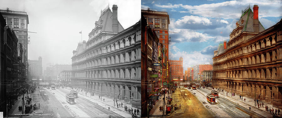 City - Cincinnati OH - Government Square 1902 - Side by Side Photograph by Mike Savad
