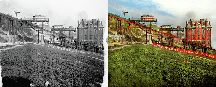 City - Cincinnati, OH - Putting the fun in funicular 1906 - Side by Side Photograph by Mike Savad