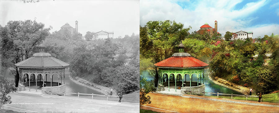 City - Cincinnati OH - The Spring House Gazebo 1910 - Side by Side Photograph by Mike Savad
