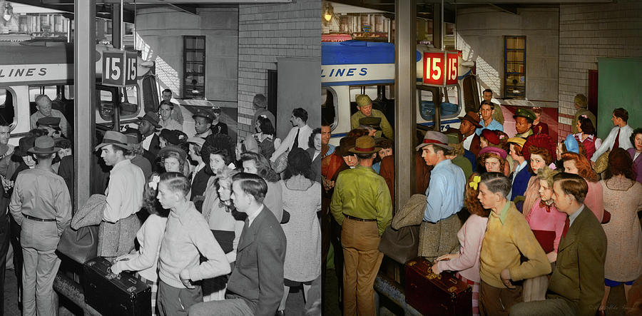 City - Cincinnati, OH - Traveling by bus 1943 - Side by Side Photograph by Mike Savad