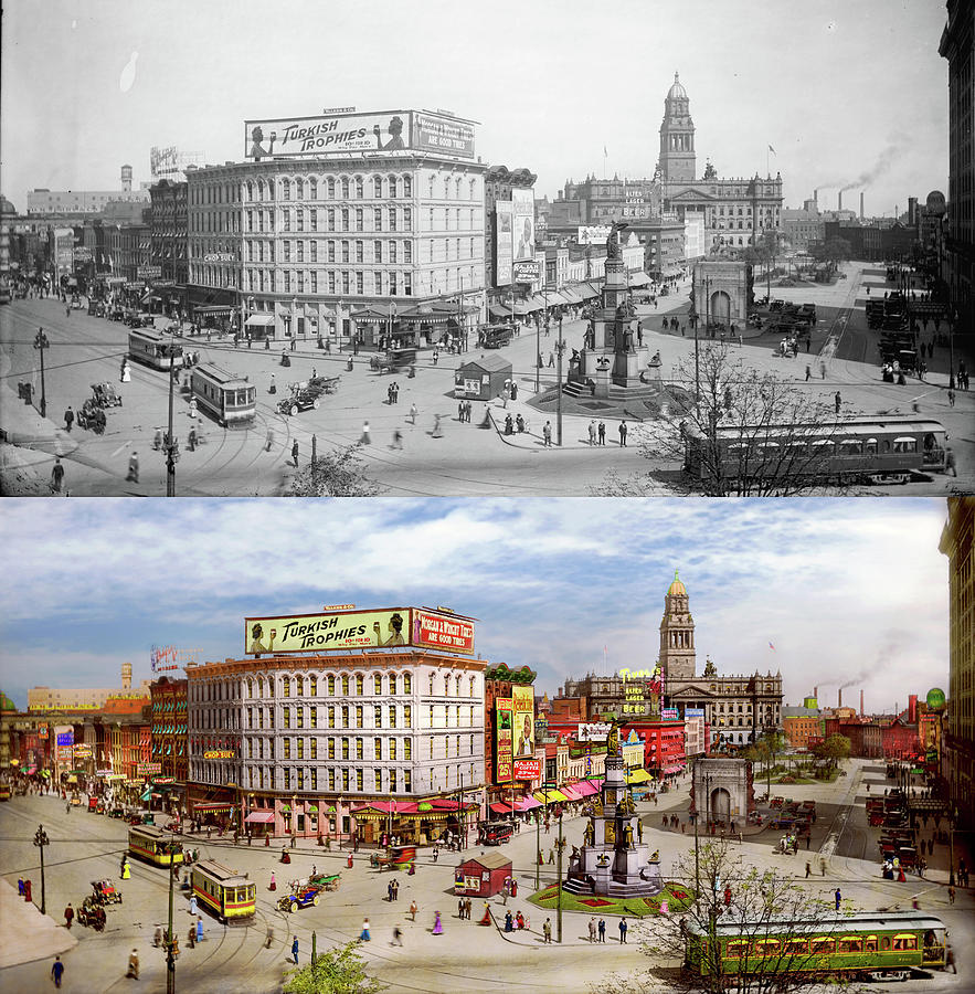 City - Detroit, MI - Campus Martius 1910 - Side by Side Photograph by Mike Savad