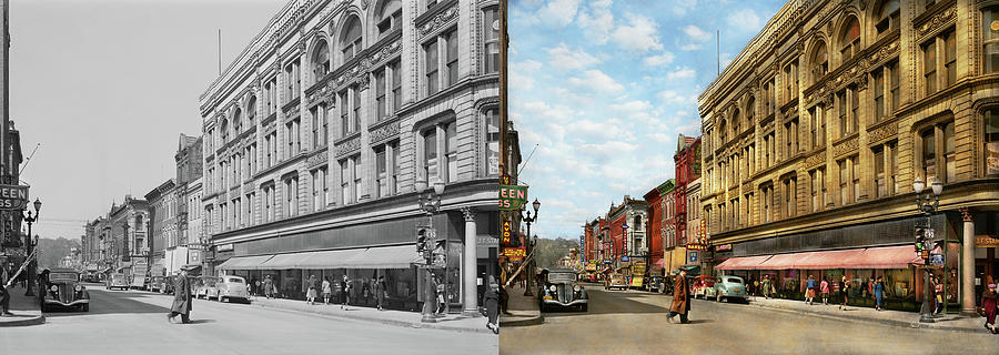 City - Dubuque IA - Main street 1940 - Side by Side Photograph by Mike Savad