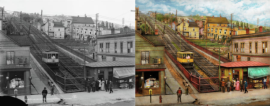City - Duluth, MN - Seventh Ave West Incline 1908 - Side by Side Photograph by Mike Savad
