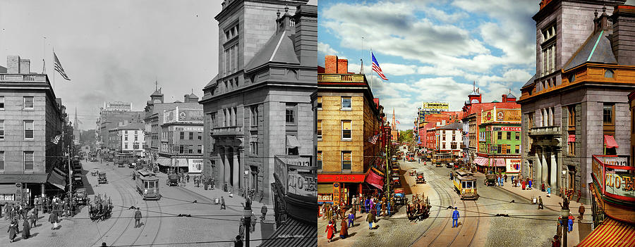 City - Fall River, MA - The City Hall on Main Street 1913 - Side by Side Photograph by Mike Savad