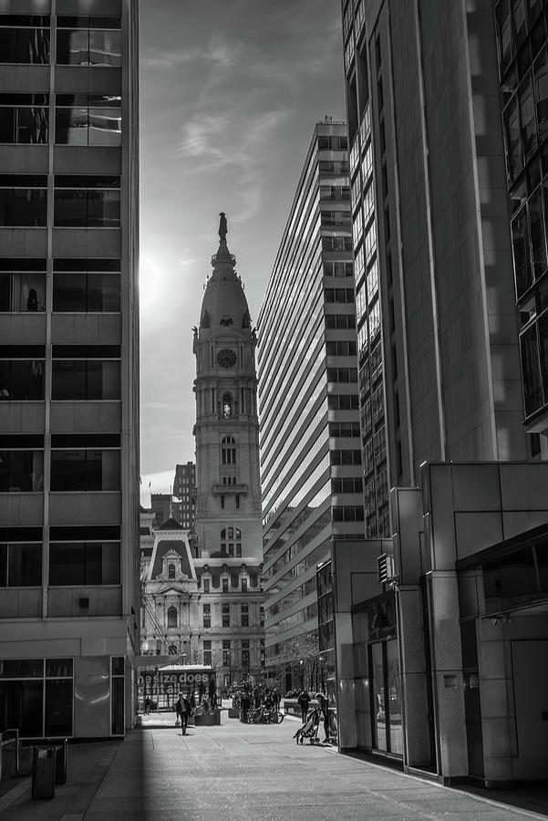 City Hall from Penn Center Pedestrian Transit in Black and White Photograph by Bill Cannon
