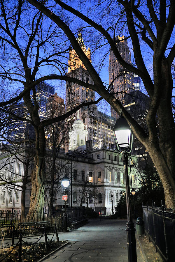 City Hall Park at Twilight with Woolworth Tower Photograph by Steve Ember