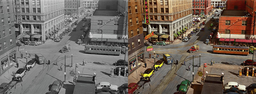 City - Iowa - Des Moines - Walnut and Fourth 1940 - Side by Side Photograph by Mike Savad