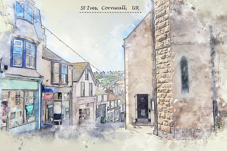 city life of St Ives, Cornwall, UK, in sketch style Digital Art by Ariadna De Raadt