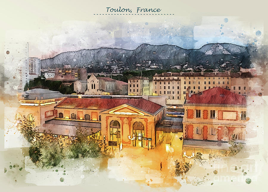 city life of Toulon, France  in sketch style Digital Art by Ariadna De Raadt