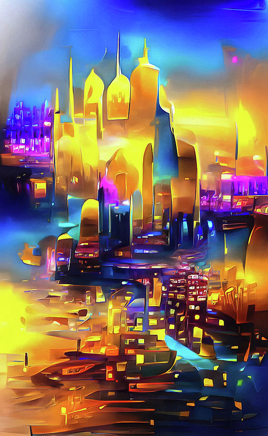 City Lights 03 Golden Glowing Architecture Digital Art by Matthias Hauser