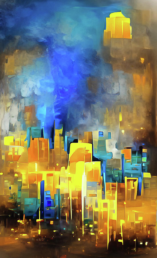 City Lights 11 Golden and Blue Abstract Digital Art by Matthias Hauser