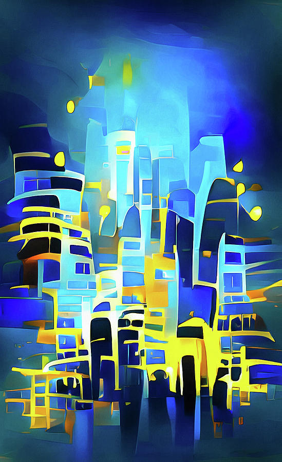 City Lights 12 Abstract Blue and Golden Digital Art by Matthias Hauser