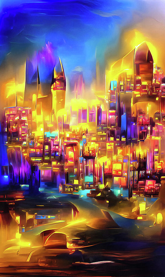 City Lights 14 Golden Glow in the Blue Night Digital Art by Matthias Hauser