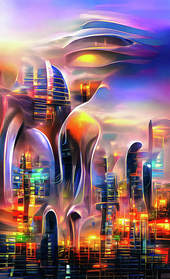 City Lights 28 Futuristic Alien Metropolis Digital Art by Matthias Hauser