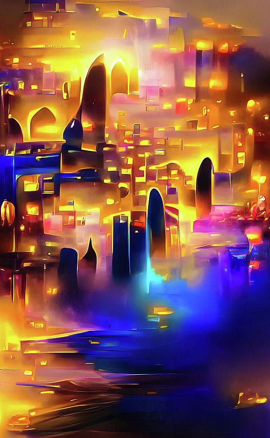 City Lights 31 Blue River and Golden Town Digital Art by Matthias Hauser