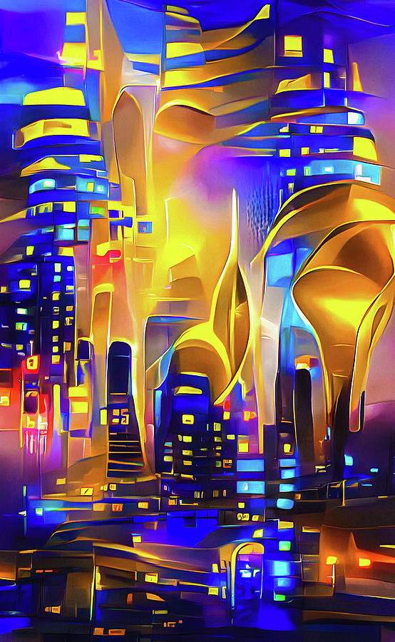City Lights 32 Golden and Blue Futuristic Buildings Digital Art by Matthias Hauser