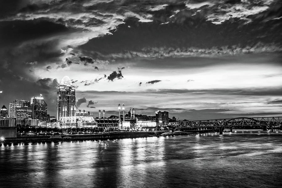 City Lights And Urban Shadows Of Cincinnati Ohio - Black and White Photograph by Gregory Ballos