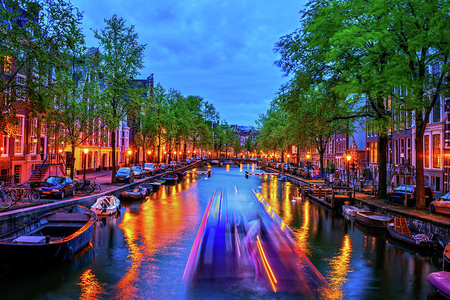 City Lights In Amsterdam Canal At Dusk Photograph by Artur Bogacki