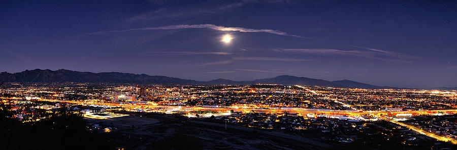 City lights of Tucson, Arizona skyline and moon panorama  Photograph by Chance Kafka