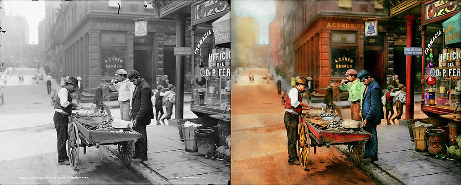 City - Little Italy NY - Mussel Man 1900 - Side by Side Photograph by Mike Savad