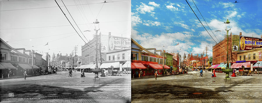 City - Malden MA - Pleasant Street 1906 - Side by Side Photograph by Mike Savad