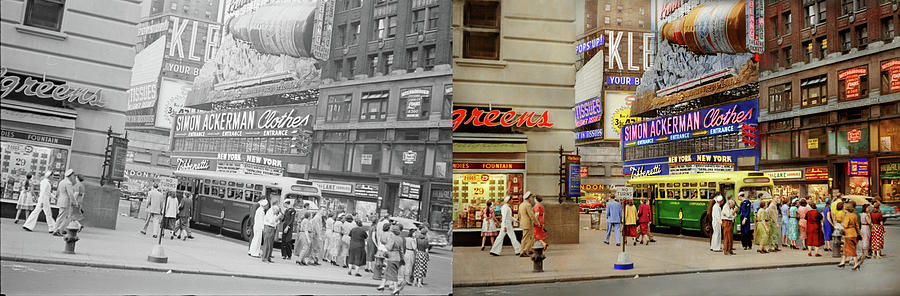 City - Manhattan, NY -  43rd and Broadway 1952 - Side by Side Photograph by Mike Savad