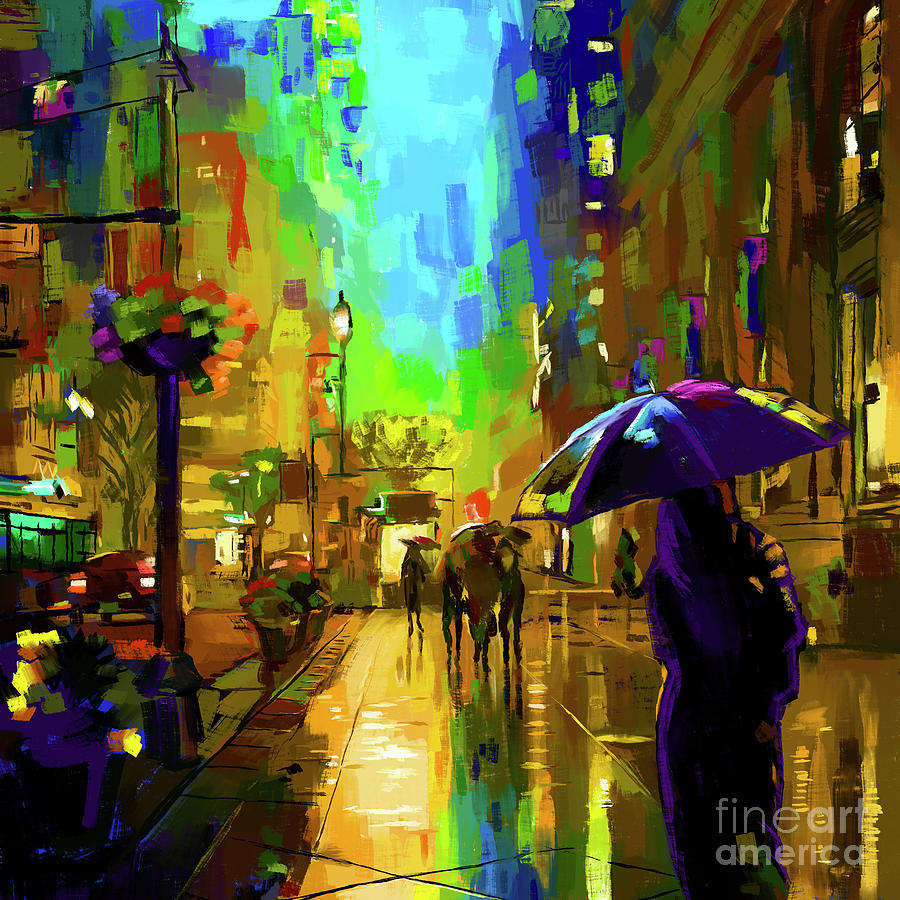 City Night in the rain Q Painting by Tim Gilliland