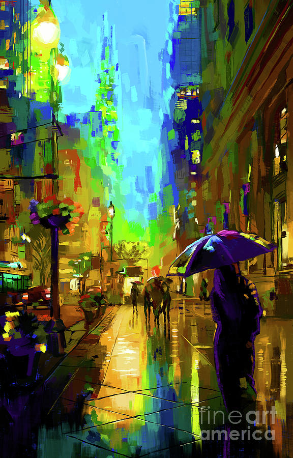 City Night in the rain Painting by Tim Gilliland