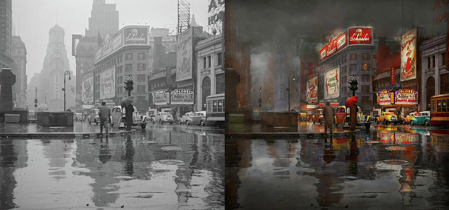 City - NY - A rainy day in New York City 1943 - Side by Side Photograph by Mike Savad