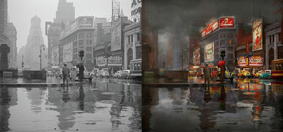 City - NY - A rainy day in New York City 1943 - Side by Side Photograph by  Mike Savad - Pixels